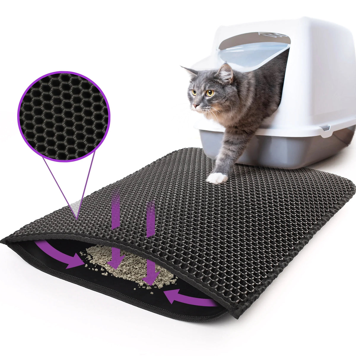 Alfombrilla atrapa arena para gatos, doble capa, 24x15 pulgadas, negra
