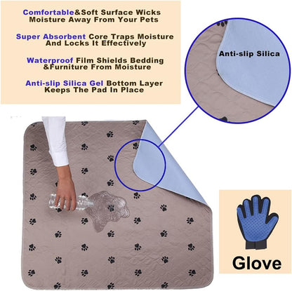Ultimate Washable Dog Pee Pads with Puppy Grooming Gloves - Super Absorbent, Waterproof, and Reusable Pet Training Pads, Large 41" x 41" (Pack of 2)