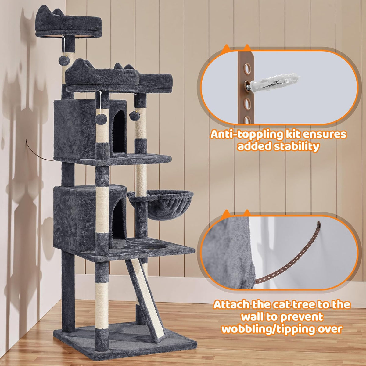 Yaheetech 69-Inch Cat Tree Tower with Dual Condos, Scratching Posts, and Cat-Ear Perches | Sturdy Anti-Wobble Base, Plush Basket, Climbing Ramp, Easy Assembly, Ideal for Large Indoor Cats and Multi-Pet Households, Dark Gray