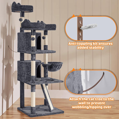 Yaheetech 69-Inch Cat Tree Tower with Dual Condos, Scratching Posts, and Cat-Ear Perches | Sturdy Anti-Wobble Base, Plush Basket, Climbing Ramp, Easy Assembly, Ideal for Large Indoor Cats and Multi-Pet Households, Dark Gray