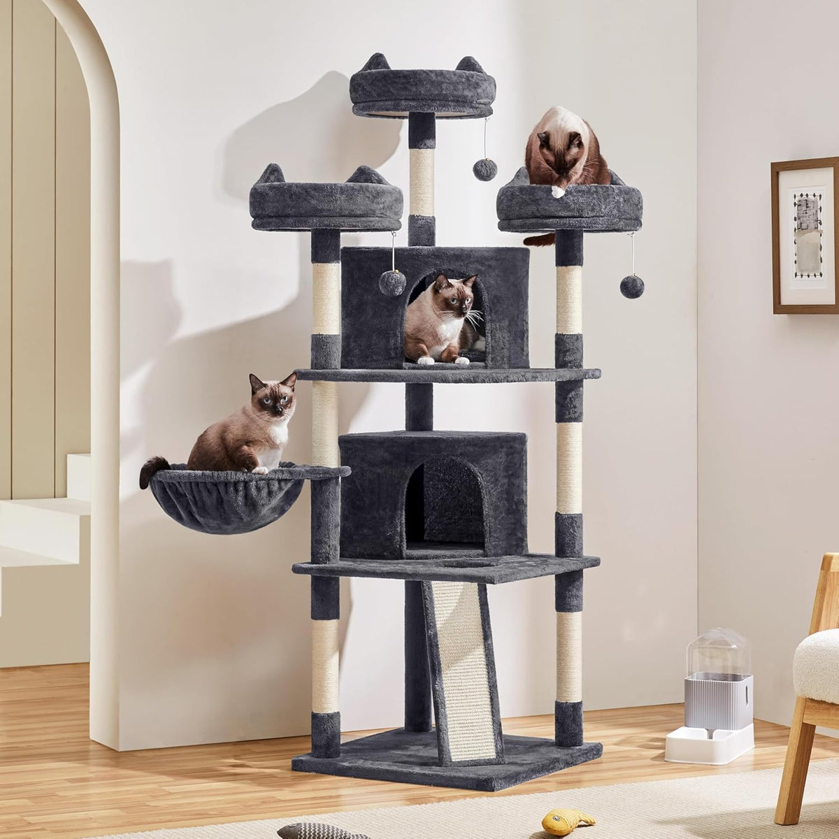 Yaheetech 69-Inch Cat Tree Tower with Dual Condos, Scratching Posts, and Cat-Ear Perches | Sturdy Anti-Wobble Base, Plush Basket, Climbing Ramp, Easy Assembly, Ideal for Large Indoor Cats and Multi-Pet Households, Dark Gray