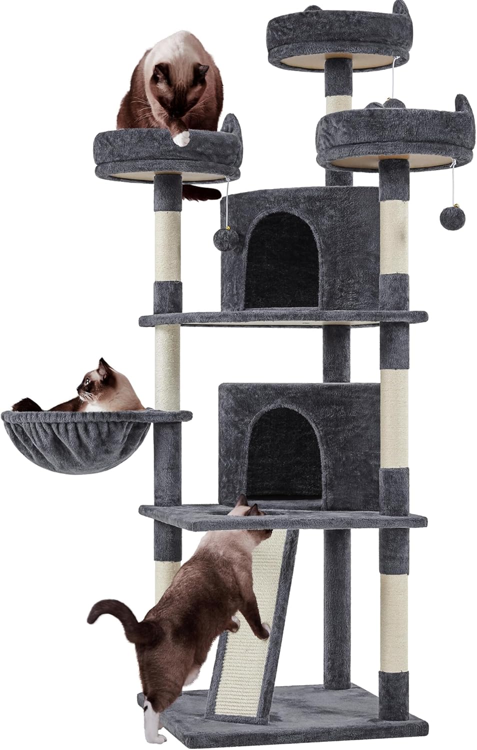 Yaheetech 69-Inch Cat Tree Tower with Dual Condos, Scratching Posts, and Cat-Ear Perches | Sturdy Anti-Wobble Base, Plush Basket, Climbing Ramp, Easy Assembly, Ideal for Large Indoor Cats and Multi-Pet Households, Dark Gray