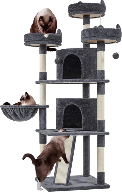 Yaheetech 69-Inch Cat Tree Tower with Dual Condos, Scratching Posts, and Cat-Ear Perches | Sturdy Anti-Wobble Base, Plush Basket, Climbing Ramp, Easy Assembly, Ideal for Large Indoor Cats and Multi-Pet Households, Dark Gray