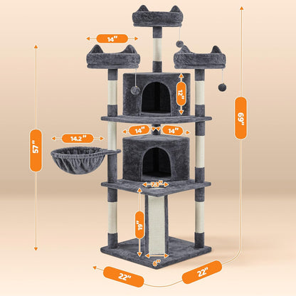 Yaheetech 69-Inch Cat Tree Tower with Dual Condos, Scratching Posts, and Cat-Ear Perches | Sturdy Anti-Wobble Base, Plush Basket, Climbing Ramp, Easy Assembly, Ideal for Large Indoor Cats and Multi-Pet Households, Dark Gray
