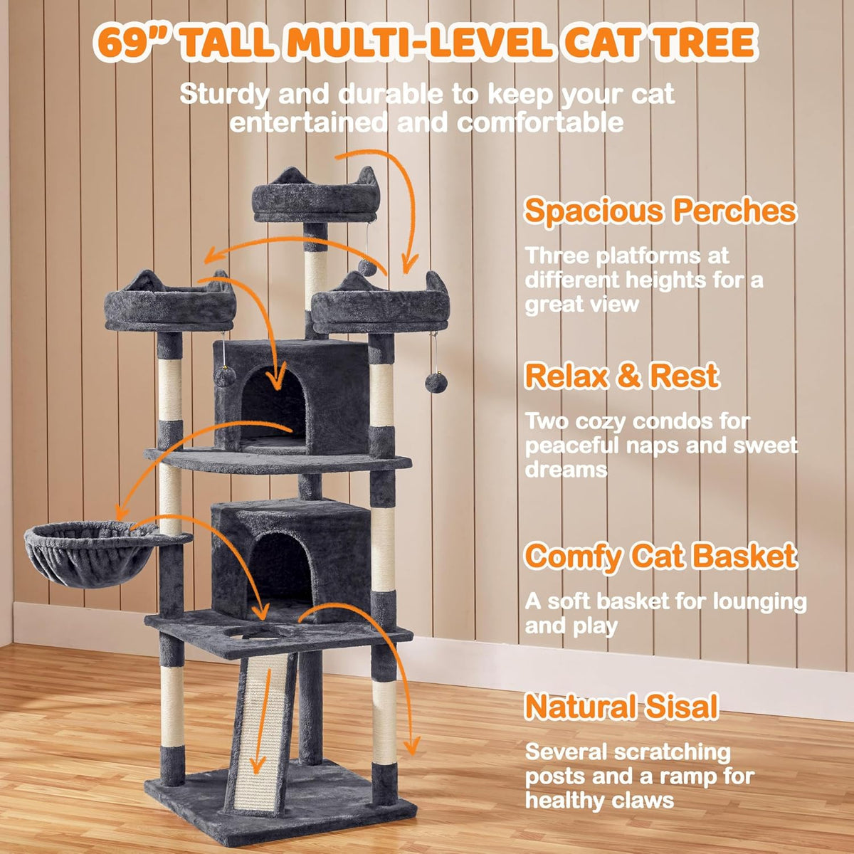 Yaheetech 69-Inch Cat Tree Tower with Dual Condos, Scratching Posts, and Cat-Ear Perches | Sturdy Anti-Wobble Base, Plush Basket, Climbing Ramp, Easy Assembly, Ideal for Large Indoor Cats and Multi-Pet Households, Dark Gray