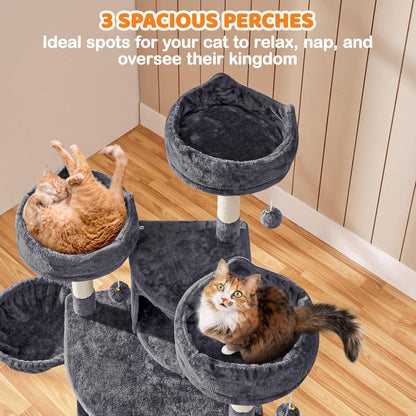 Yaheetech 69-Inch Cat Tree Tower with Dual Condos, Scratching Posts, and Cat-Ear Perches | Sturdy Anti-Wobble Base, Plush Basket, Climbing Ramp, Easy Assembly, Ideal for Large Indoor Cats and Multi-Pet Households, Dark Gray