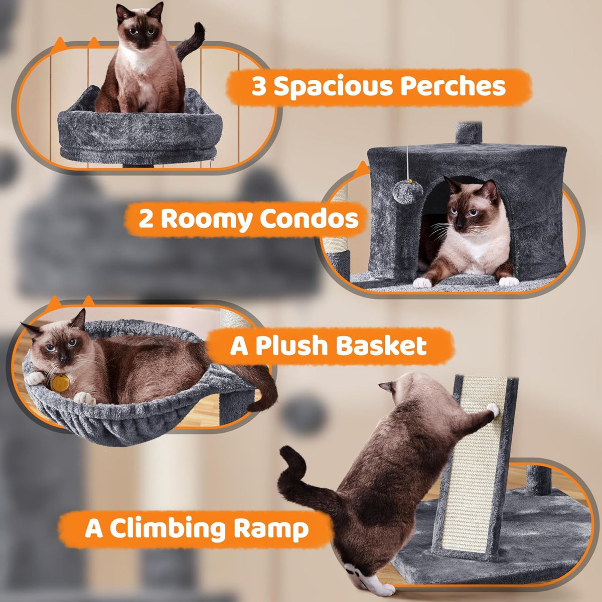 Yaheetech 69-Inch Cat Tree Tower with Dual Condos, Scratching Posts, and Cat-Ear Perches | Sturdy Anti-Wobble Base, Plush Basket, Climbing Ramp, Easy Assembly, Ideal for Large Indoor Cats and Multi-Pet Households, Dark Gray