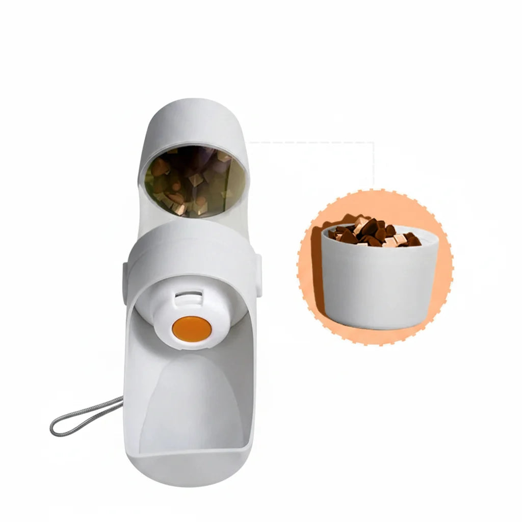 Botella de agua portátil para perros y gatos con almacenamiento de alimentos